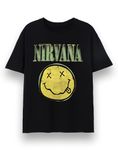 Nirvana Mens T-Shirt | Adults Short Sleeve Graphic Tee in Black | Classic Grunge Distressed Green Band Logo Print & Face Apparel Top | Vintage Rock Band Merchandise Gift