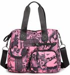 Tote Bags for Women, Large Capacity Top Handle Shoulder Handbag Travel Tote Purse with Multi Pockets & Zipper, Waterproof Nylon Crossbody Tote Bag for Work, Office, Travel, Casual (Letter - Pink)