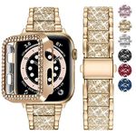 Fullmos Bling Diamond Rhinestone Strap for Apple Watch 41mm with Case, Women Girls Bracelet Stainless Steel Strap Replacement Band for iWatch Series 7 8- Champagne Gold