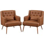 Yaheetech Armchair, Cozy Accent Chair Mid Century Living Room Chair PU Leather Office Chair Lumbar Pillow, Modern Upholstered Tub Chair Retro Reading Chair Wood Leg Bedroom Lounge Study Brown 2 PCS