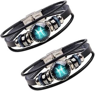 HUASAI 2Pcs Punk Beaded Alloy Multilayer Braided Rope 12 Constellation Leather Cuff Zodiac Bracelet Set Bangle Wristband (　Pisces)