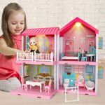 BLiSS HUES DIY Princess Dollhouse Kit- Includes Doll House Asseccories and Furniture- Pretend Play Building Toys with Doll and Lights (Doll_House_4 Rooms)