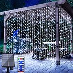 Chipark Solar Curtain Lights, Upgraded Garden Fairy Lights 300 LED 8 Modes Remote Control Waterproof Solar Fairy Lights Outdoor Curtain String Lights for Gazebo Patio Party Festival Decorations(White)