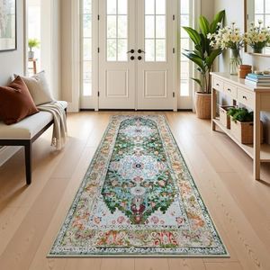 U'Artlines 3' x 8' Boho Hallway Runner Rug, Non Slip Washable Vintage Farmhouse Kitchen Rug Accent Area Carpet for Entryway Laundry and Living Room (Green)
