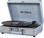 Victrola Vintage 3-Speed Bluetooth Portable Suitcase Record Player with Built-in Speakers | Upgraded Turntable Audio Sound| Includes Extra Stylus | Light Denim Blue Linen