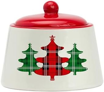 Amici Home Christmas Sugar Bowl with Lid - 8-Ounce Ceramic Container for Salt, Sugar, Spices - Festive Plaid Xmas Tree Kitchen Sugar Bowl, Compact Kitchen Storage for Coffee, Tea, and Seasonings