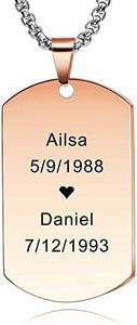 MeMeDIY Collier Personnalisé Étiquette de Chien Gravure Nom Date pour Hommes Femmes Amie en Acier Inoxydable Pendentif Amant Anniversaire Saint Valentin Bijoux Cadeau avec Porte-clés(Couleur Or Rose)