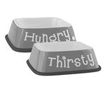 DII Bone Dry Hungry/Thirsty Square Ceramic Large Pet Bowl For Food & Water,6.75" L x6.75" W x 2" H Set of 2, With Non-Skid Silicone Rim for Dogs and Cats-Gray