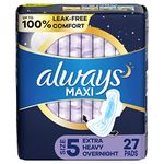 Always, Maxi Pads For Women, Size 5, Extra Heavy Overnight Absorbency With Wings, 27 Count