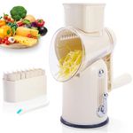 ENERGEVITY Manual Rotary Cheese Grater with Handle, 5 in 1 Replaceable Stainless Blades Cheese Shredder,Strong Suction Base Vegetable Slicer with Cleaning Brush & Bonus Storage Box for Blades (white)