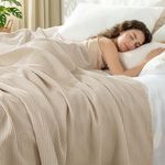 Exclusivo Mezcla 100% Cotton Muslin Gauze Waffle Blanket Twin Size, Lightweight, Soft and Breathable Knit Blanket for Dorm and Home Decor, All Season, 60"x80", Khaki