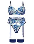 Aranmei Sexy Lingerie Set for Women Naughty 4 Piece Lingerie Set with Floral Embroidered Lace Sheer Underwire Bra with G-String Thigh Bands with Garter Belt Lingerie Set, Blue, XS