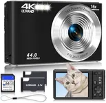 Black Digital Camera 2025 Upgrade 4K 44MP Digital Cameras for Teens, Digital Point and Shoot Camera for Kids with 16X Zoom, 64GB SD Card, Compact Small Camera for Boys Girls Teens Kids Gift