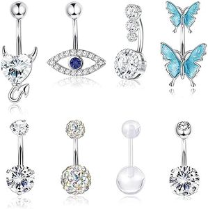 ZZHDCC 8Pcs 14G Surgical Steel Belly Button Rings for Women Butterfly Belly Rings Shiny CZ Navel Rings Classic Curved Barbells Evil Eye Devil Heart Belly Button Piercing Jewelry for Gift, Stainless Steel, cubic zirconia