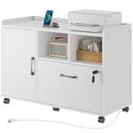 Rolanstar File Cabinet with Charging Station, Mobile Lateral Filing Cabinet with Locking Drawer, Printer Stand with Open Storage Shelf with Wheels, for Letter/Legal/A4 Size Files, White