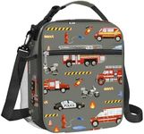 Clastyle Grey Fire Engine Insulated Lunch Bag for Kids, Portable Large Thermal Cooler Lunch Bag for Boys, School Lunch Box Bag with Bottle Holder