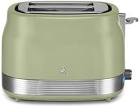 Swan ST19028GRN Retro 2 Slice Toaster with 6 Browning Levels for Toast, Bagels, Breakfast Muffins, Defrost/Reheat/Cancel, Hidden Cord Storage, Non-Slip Feet, 930W, Green and Stainless Steel