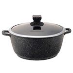 SQ Professional NEA Marbell Die-Cast Aluminium Stockpot with Marble Effect Non-Stick Coating - Tempered Glass Lid with Steam Vent Casserole pan- Stew pots (Nera, 28cm)