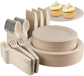 Disposable Paper Plates Set, 250Pcs Disposable Dinnerware Set, Compostable Plate Sugarcane Utensils, Eco Friendly Dinnerware Kit Includes 50 Biodegradable Plates, Forks, Knives and Spoons for Party