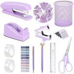 13 in 1 Purple Desk Office Supplies Set, Purple Stapler and Tape Dispenser Desk Accessories for Women with Stapler,Tape Dispenser,1000 Staple,Pen Holder,Staple Remover,Clip,Ruler,Scissor, Tab,Tape,Pen