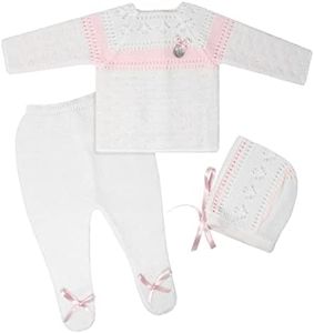 Escalett Layette Newborn Baby Knitted Clothes Set, Coming Home Infant Knit Outfit for Boys and Girls (7205, Wh/Pk, Newborn)