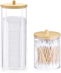 Navaris Porta Dischetti Struccanti Cotton Fioc - 2x Portadischetti Trucco Lungo - Contenitore Batuffoli Cotone - Organizer Bagno Trasparente Coperchio Legno Bambù