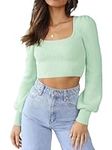 LACOZY Women's 2024 Fall Square Neck Cropped Sweater Trendy Long Sleeve Ribbed Knit Pullover Jumper Tops Light Green Small