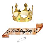 Birthday Boy Golden Sash & King Crown with Safety Pins for Boy & Mens - 3 Pc Combo Set