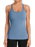 ATTRACO Ribbed Workout Tank Tops for Women with Built in Bra Tight Racerback Scoop Neck Athletic Top, Blue, Medium