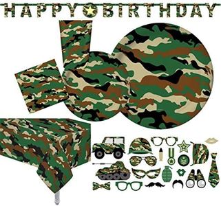 Serves 30 | Complete Party Pack | Camouflage Party Supplies | 9" Dinner Paper Plates | 7" Dessert Paper Plates | 12 oz Cups | 3 Ply Napkins | 1 Happy Birthday Banner | 20 Photo Props | 2 Table Cover | Camouflage Themed Birthday Party Supplies