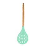 Spatlus Woodtula Silicone Skimmer Spoon, Wooden Handle Seamless Nonstick BPA-Free & Heat Resistant up to 445°F, Kitchen Strainer Spoon Pasta Spaghetti Noodles and Frying 32 cm Green