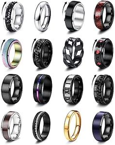 Kakonia 16Pcs Stainless Steel Fidget Rings for Men Women Stress Anxiety Relief Rings Black Cool Chain Band Spinner Rings Set for Wedding Promise Mens Rings Pack