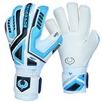 Renegade GK Fury Sub-Z Goalie Gloves with Pro-Tek Fingersaves | 4mm Giga Grip & 4mm Duratek | White, Blue, Silver, Black Goalkeeping Gloves (Size 9, Youth-Adult, Roll Cut, Level 4)