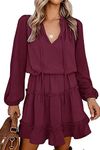 BTFBM Women Casual Summer Fall Dresses Tie V Neck Long Sleeve High Waist Ruffle Tiered A Line Swing Tunic Mini Dress(Dot Wine Red, Medium)