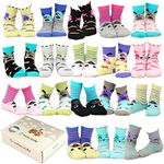 TeeHee Little Girls and Toddlers Cute Novelty and Fashion Cotton Crew Socks 18 Pair Pack Gift Box (3-5 Years, Cat-Dog-Pig Face)