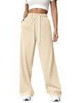 PINSPARK Sweatpants Women Wide Leg Baggy Pants High-Waisted Casual Sweat Pants Trendy Lounge Pants with Pockets and Drawstring Beige XS