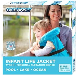 Oceans7 US Coast Guard Approved Infant Life Jacket 8-30 lbs – Type II PFD Flex-Form Chest Personal Flotation Device, Blue/White