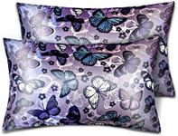 Satin Pillowcase for Hair and Skin, Soft Satin Pillow Cases Queen Size Pack of 2, Cooling Silk Satin Pillowcase Set with Envelope Closure (20’’x30’’, Purple, Butterflies & Flower)