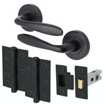 EAI Black Door Handle Latch Set | Round Internal Door Handles, Latch (64mm), Hinges (76mm)| Matt Black Lever on Rose