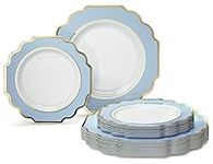 " OCCASIONS " 50 Plates Pack (25 Guests)-Heavyweight Wedding Party Disposable Plastic Plate Set -(25x10.5'' Dinner + 25x8'' Salad/dessert (Imperial in White/Blue & Gold)