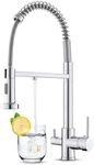 KEOKBON 3 Way Kitchen Tap with Spray, 360° Swivel Spring Three Way Tap with Filtered Water Outlet, 3 in 1 Kitchen Sink Tap with Pull Out Sprayer, Triflow Kitchen Faucet with 2 Handles, Chrom