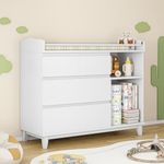 iPormis Baby Dresser with Changing Table Top, 4 Drawers & 2 Open Shelves, Multi-Functional Nursery Changing Station with Storage, Pearl White