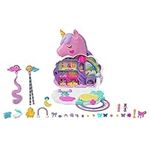 Polly Pocket Mini Toys, Rainbow Unicorn Salon Styling Head and Playset with 2 Micro Dolls, 20+ Accessories and Moving Features