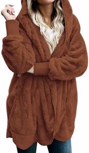 Zilcremo Women Hooded Cardigan Fuzzy Jacket Winter Open Front Fleece Coat Outwear with Pockets Caramel L