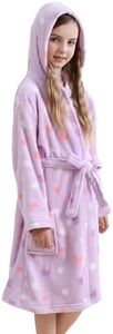 V.&GRIN Girls Robe, Kids Fleece Hooded Soft Plush Fuzzy Bathrobe for 3-14 Years（Lilac Heart 5-6）