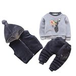 Bold N Elegant 3D Fur Reindeer Cartoon Thick Winter Warm T-shirt Pant with Hood Jacket 3 Pc Clothing Set for Infant Toddler Kids (Grey, 12-18 Months)