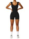 REORIA Workout Jumpsuits for Women Sexy Short Rompers Unitard Workout Bodysuits Sleeveless Summer One Piece Outfits 2024 (Black Large)