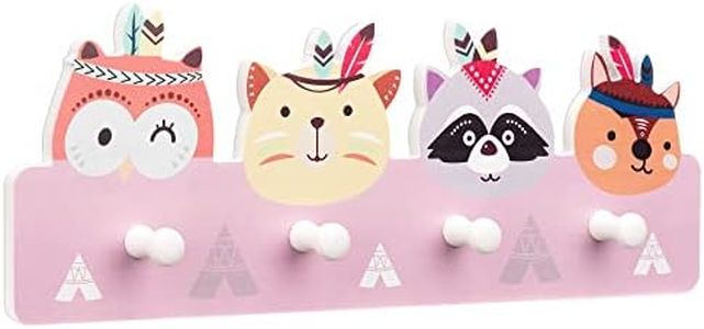 Navaris Appendiabiti Parete 4x Ganci - Attaccapanni Muro Bambini Cameretta - Appendi Abiti Camera Bambino - 4x Gancio Legno Rosa - Animali Selvaggi