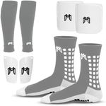 MediCaptain Soccer Grip Socks, Shin Guards, Pre Cut Sock Sleeves, and Guard Straps Bundle Pack - Essential Equipment for Soccer Players - for Mens, Women, Youth, Size 7 to 12 US Men Shoe Size (Gray)