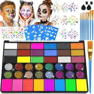 Professional Face Painting Kit for Kids – 42 Color Water Activated Facepaint Makeup Kit, Non-Toxic face Paint with Stencils, Gems, Brushes– for Halloween, Parties, Carnival, School Event & Festivals